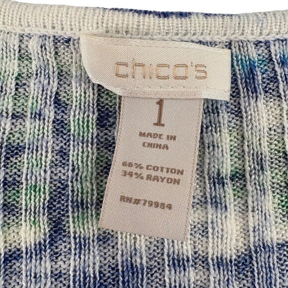 Chicos Women's Knit Top Size 1 Small 3/4 Sleeves Blue Green Aztec Cotton Rayon - Picture 4 of 5